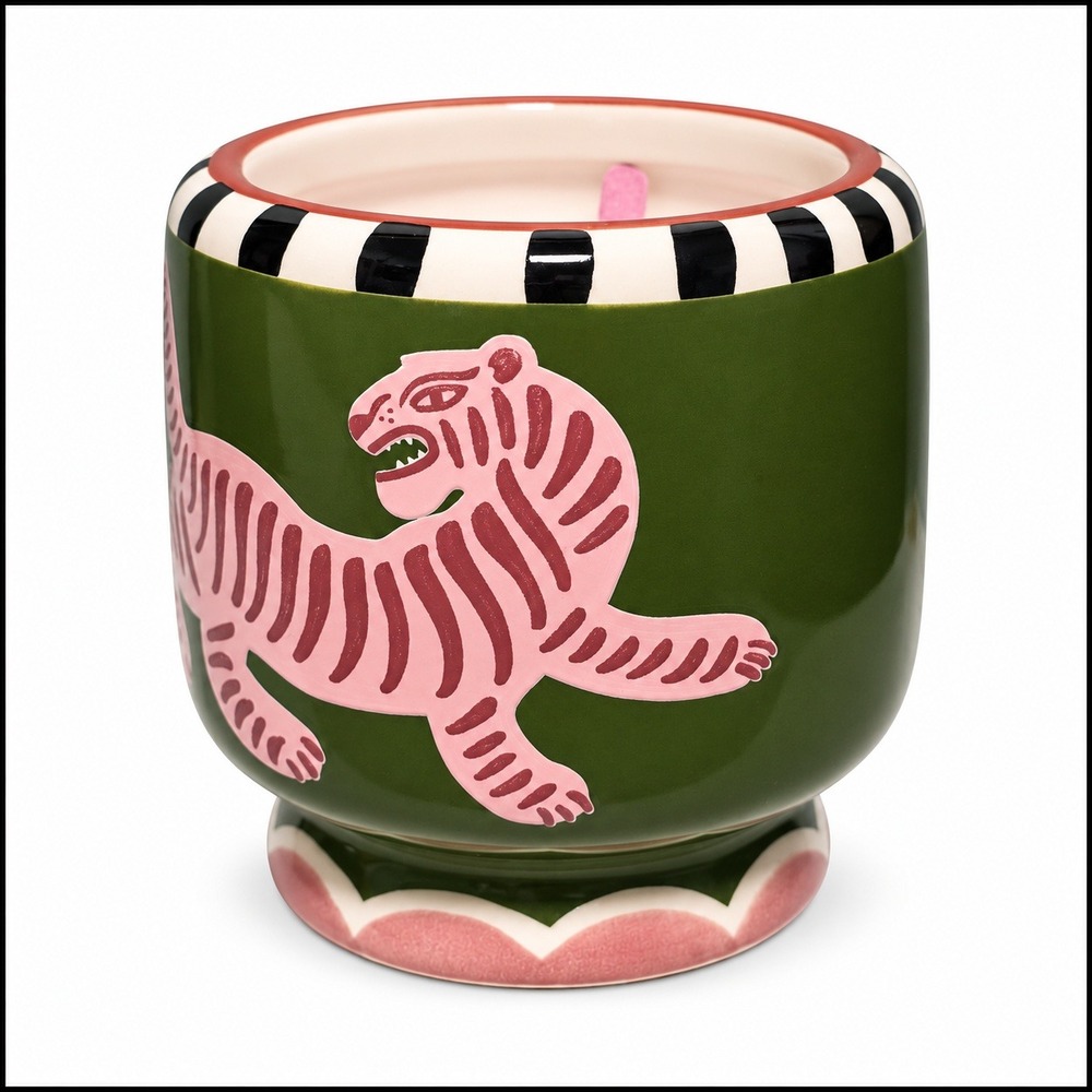Paddywax Black Cedar & Fig Soy Wax Candle 8oz Pink Tiger Green Ceramic Vessel